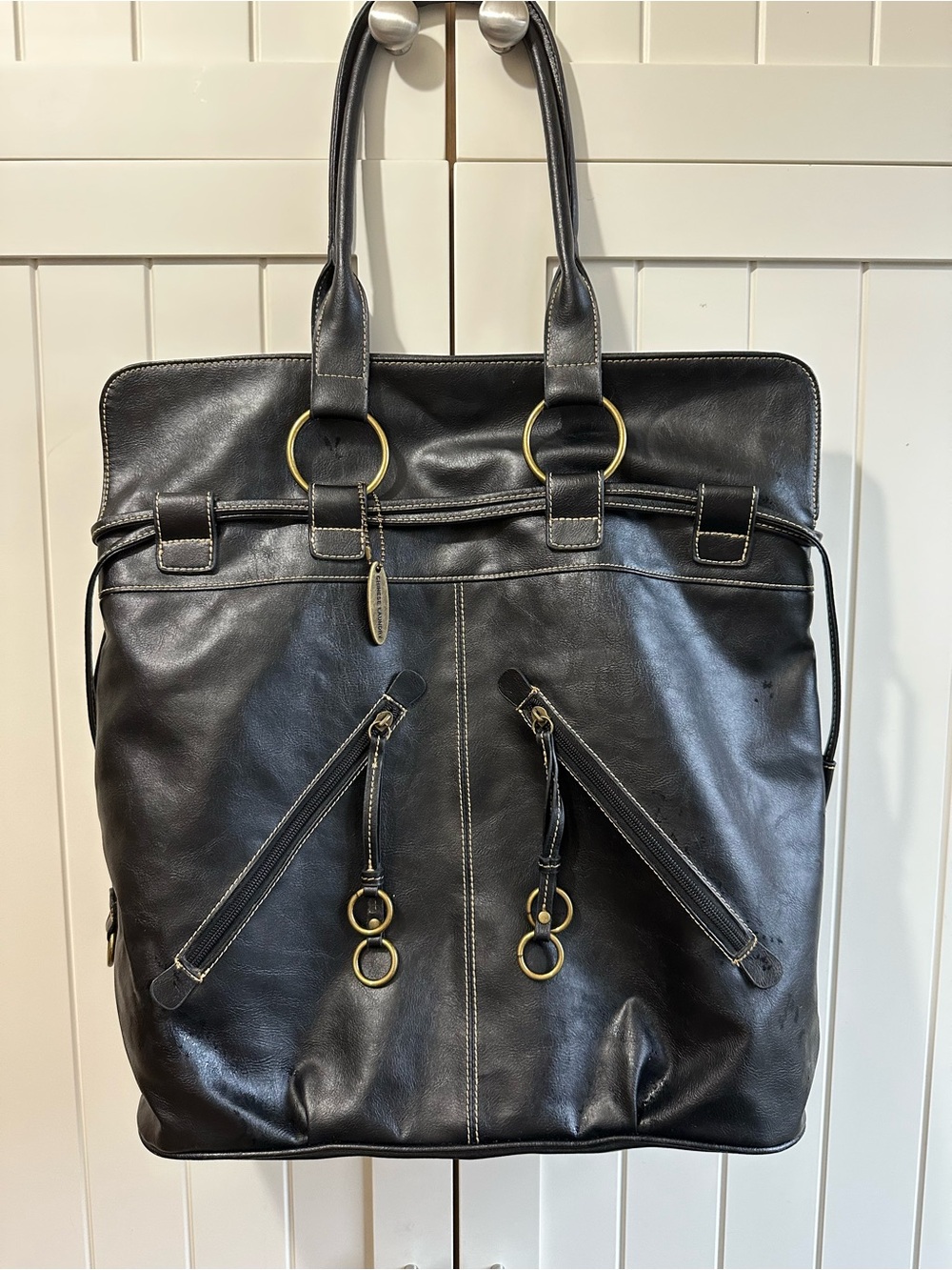 Chinese Laundry Y2K Vintage Black Leather Tote Bag with Gold Ring Accents